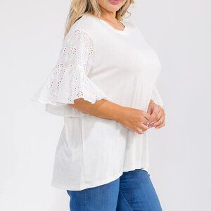 B24 PLUS SIZE SHORT RUFFLE SLEEVE EYELET DETAILED TOP WHITE NEW